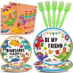 Dinosaur Plates Disposable Paper Plate Party Supplies Pack Birthday Dinnerware Serves 16 for Boy Kids Perfect Tableware Includes Plates; Napkins; Fork