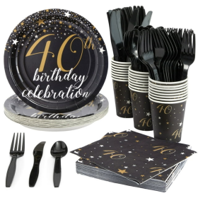 144 Piece 40th Birthday Party Supplies Set for Men, Women, Serves 24 Paper Plates and Napkins, Cups, Cutlery, Black and Gold Disposable Set for 40 Bir