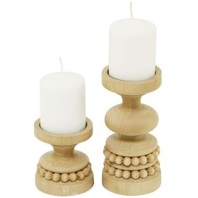 The Novogratz 2 Candle Brown Wood Beaded Pillar Candle Holder, Set of 2