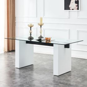 Large modern simple rectangular glass table, which can accommodate 6-8 people, equipped with 0.39-inch tempered glass table top and large MDF table le