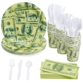 144 Piece Money Birthday Party Decorations for Party Supplies, Paper Plates, Napkins, Cups, & Cutlery Tableware Set, Hundred Dollar Bill Novelty (24 G