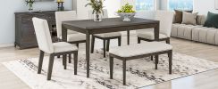 TOPMAX 6-Piece Dining Table Set with Upholstered Dining Chairs and Bench,Farmhouse Style, Tapered Legs, Dark Gray+Beige