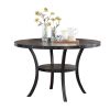 Modern Classic Dining Room Furniture Natural Wooden Round Dining Table 4x Side Chairs Gray Fabric Nail heads Trim and Storage Shelve 5pc Dining Set