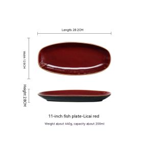 Glaze Kiln Oval Fish Dish Household Dinner Plate Long Plate Swing Plate (Option: Scale colored red-11inches)